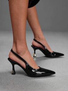 CUCCOO SZL 女款尖頭細高跟黑色鏡面後扣鏤空高跟鞋 時尚舒適性感 派對宴會高跟鞋 - 黑色(漆皮) - 查看 1