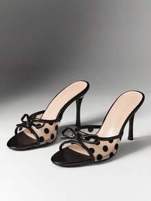 SHEIN SHUZIA Women's Chic Polka Dot Bow Mesh Stiletto Mule Heels - Black - View 6