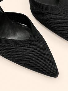 CUCCOO BASICS Ladies Pointed Kitten Heel Black Knitted V-Mouth Striped Rear Elastic Band Ladies Rear Empty Single Shoes Daily Commute Elegant Breathable High Heels - Black - View 5