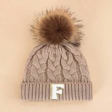 1PC Children's Apricot Hairball 26 Letters Cloth Patch Twist Knitted Autumn And Winter Cold Hat, Vertical Ribbed Flanged Autumn And Winter Pullover Ha - Apricot - View 51