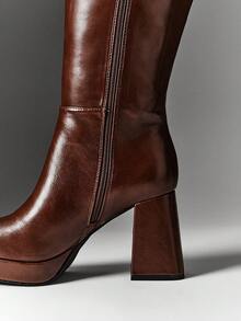 SHUZIA Women's Glamorous Comfortable Square Toe Platform Knee-High Boots With Inner Zipper For Christmas - Brown - View 7
