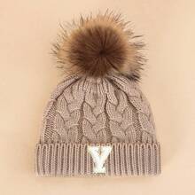 1PC Children's Apricot Hairball 26 Letters Cloth Patch Twist Knitted Autumn And Winter Cold Hat, Vertical Ribbed Flanged Autumn And Winter Pullover Ha - Apricot - View 6
