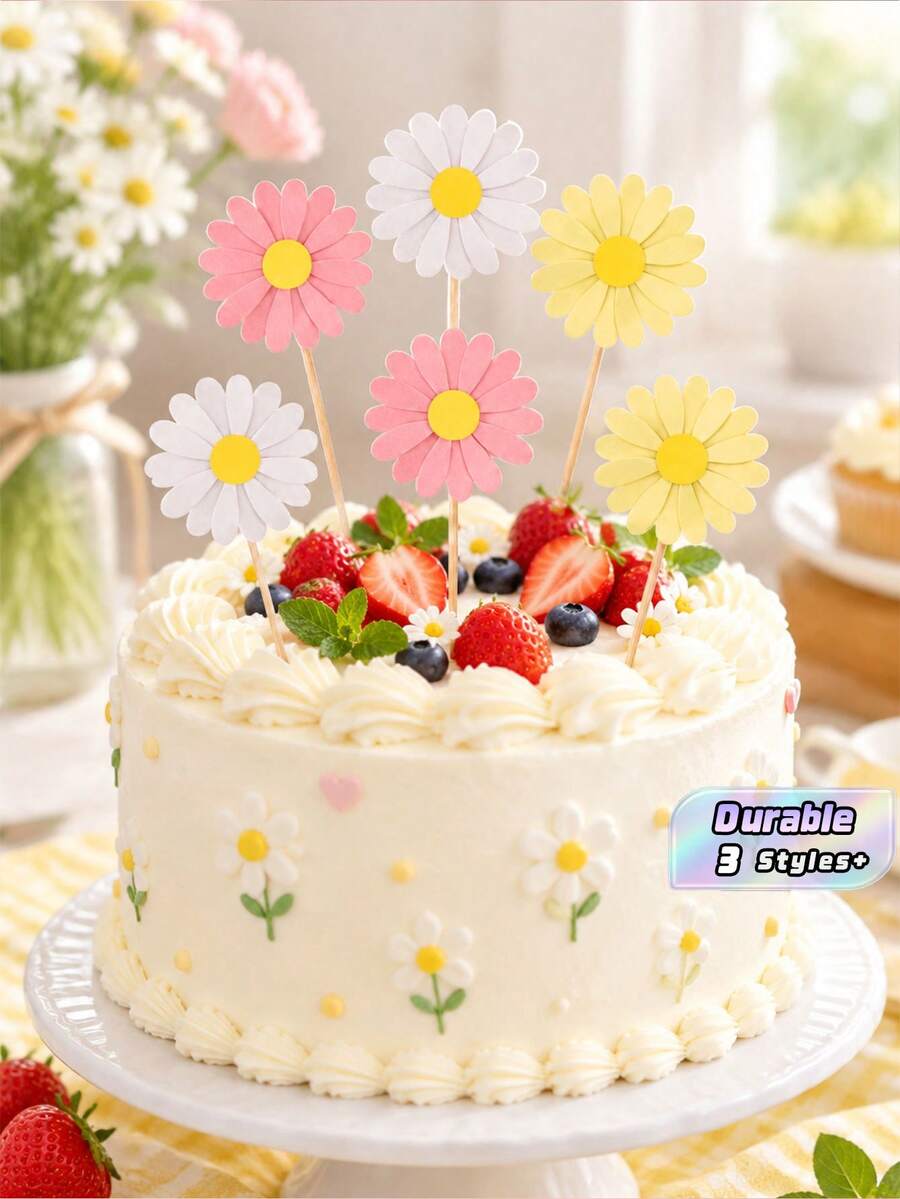 6/12pcs Daisy Cupcake Toppers, Pink Flower Cake Topper, Daisy Cake Decorations Toothpicks Chrysanthemum Cupcake Toppers, Spring Daisy Flower - Multicolor - View 1
