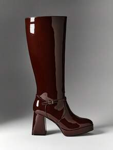 SHUZIA Women's Stylish & Comfortable Block Heel Knee-High Boots With Metal Buckle Decor - Brown - View 5