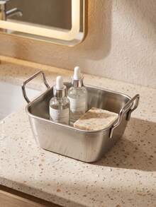 Haus Hana 1PC/2PCS Stainless Steel Double Portable Handle Square Storage Tray, Multi-Functional Desktop Display Organizer For Jewelry Hair Accessories Cosmetics Stationery Tiny Sundries Household Salon Daily Decor Use - Multicolor - View 4