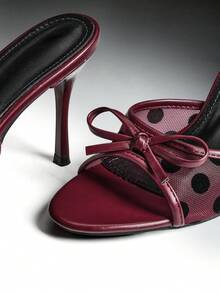 SHEIN SHUZIA Women's Chic Polka Dot Bow Mesh Stiletto Mule Heels - Burgundy - View 6