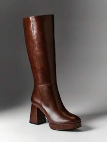 SHUZIA Women's Glamorous Comfortable Square Toe Platform Knee-High Boots With Inner Zipper For Christmas - Brown - View 6