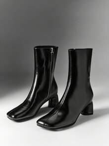 SHEIN SHUZIA Women's Black Square-Toe Chunky Heel Ankle Boots, Simple And Versatile Ankle Boots For Autumn Winter - Black - View 7