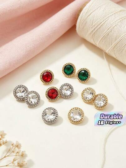 1 Pack 10 Pcs High‑End Rhinestone Inlaid Metal Buttons Crystal Glass Fasteners Golden Decorative Small Buttons For Shirts Blouses Cardigans Sweaters Dresses Outerwear Hand‑Sewn Clothing Sewing Accessories