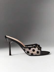 SHEIN SHUZIA Women's Chic Polka Dot Bow Mesh Stiletto Mule Heels - Black - View 1