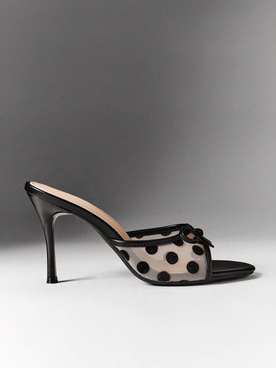 SHEIN SHUZIA Women's Chic Polka Dot Bow Mesh Stiletto Mule Heels - Black - View 1