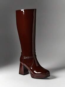 SHUZIA Women's Stylish & Comfortable Block Heel Knee-High Boots With Metal Buckle Decor - Brown - View 6