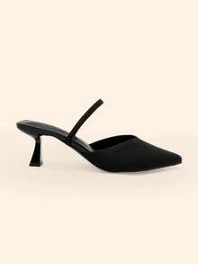 CUCCOO BASICS Ladies Pointed Kitten Heel Black Knitted V-Mouth Striped Rear Elastic Band Ladies Rear Empty Single Shoes Daily Commute Elegant Breathable High Heels - Black - View 2