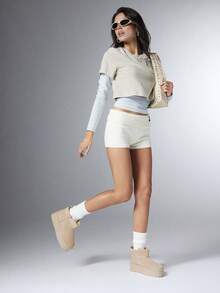 SHEIN Solezae 女款百搭人造麂皮套腳粗底短靴，適合溫暖夏季鞋款、春季鞋款、春假、復活節、情人節 - 淺駝灰 - 查看 4