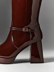 SHUZIA Women's Stylish & Comfortable Block Heel Knee-High Boots With Metal Buckle Decor - Brown - View 7