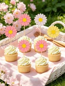 6/12pcs Daisy Cupcake Toppers, Pink Flower Cake Topper, Daisy Cake Decorations Toothpicks Chrysanthemum Cupcake Toppers, Spring Daisy Flower - Multicolor - View 5