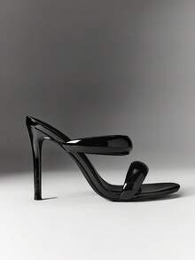 SHEIN SHUZIA Women's Patent High Heel Mules, Open Toe Double Strap Slip-On Stiletto Sandals For Party & Evening - Black - View 1