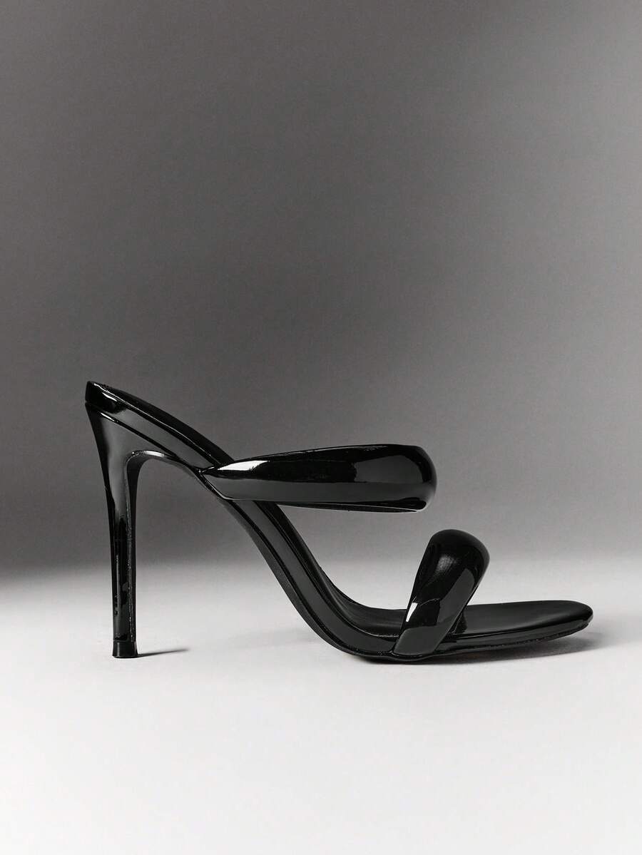 SHEIN SHUZIA Women's Patent High Heel Mules, Open Toe Double Strap Slip-On Stiletto Sandals For Party & Evening - Black - View 1
