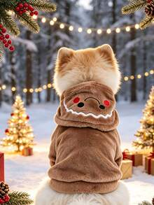 1Pc Pet Christmas Hooded Costume, Gingerbread Man & Santa Claus Design, Soft Plush Dog Cat Outfit For Small Pets Xmas Party Dress‑Up - Gingerbread Man - View 7