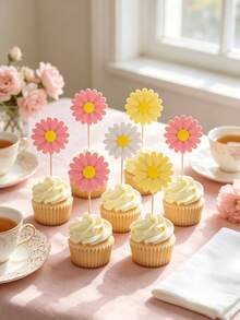 6/12pcs Daisy Cupcake Toppers, Pink Flower Cake Topper, Daisy Cake Decorations Toothpicks Chrysanthemum Cupcake Toppers, Spring Daisy Flower - Multicolor - View 2