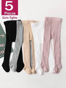 SHEIN 5 Children's Vertical Stripes, Slim And Tight Bottoming Pantyhose, Simple Basic Girls' Bottoming Socks In Spring And Autumn, Suitable For Daily Life - Multicolor - View 1