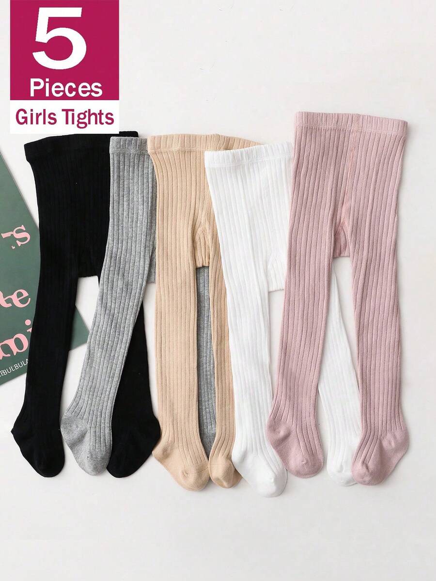 SHEIN 5 Children's Vertical Stripes, Slim And Tight Bottoming Pantyhose, Simple Basic Girls' Bottoming Socks In Spring And Autumn, Suitable For Daily Life - Multicolor - View 1