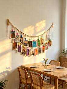 1pc Hanging Photo Frame With 18 Clips, Boho Wood Bead Decor Hanging Frame Clip For Dorm, Classroom, Bedroom, Home Room Office Decoration, For Christmas Valentine's Day New Year Decor, - one-size - View 6