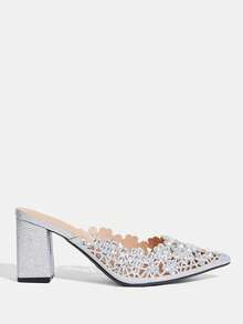 CUCCOO TILAWA Silver Sparkling Elegant Pointed Women's Thick Heels - French Elegant Wedding Banquet Full Of Diamond Rhinestone Heels - Silver - View 3