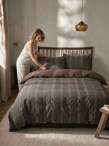 Cirelle Bộ 3 món vỏ chăn duvet kẻ sọc, chất liệu polyester mềm thoáng khí, có khóa kéo và dây buộc góc, bộ chăn ga gối phong cách hiện đại cổ điển kèm 2 vỏ gối (không kèm ruột) - 11 - Xem 3