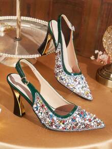CUCCOO TILAWA Green Sunflower Resin Shiny Rhinestone Fashionable Elegance Temperament Sexy Pointed Thick Heel Women's High Heels - Exquisite Design Of Rear Buckle, - Green - View 1