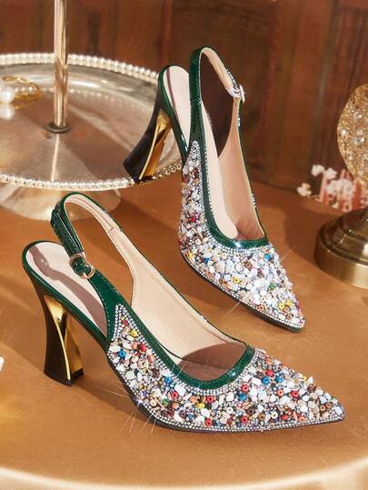 CUCCOO TILAWA Green Sunflower Resin Shiny Rhinestone Fashionable Elegance Temperament Sexy Pointed Thick Heel Women's High Heels - Exquisite Design Of Rear Buckle,