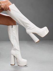 CUCCOO SZL Women's Shoes White Round Toe Chunky High Heel Platform Knee-High Boots Sexy Party Date Commute Fall Boots - Patent leather, white. - View 3