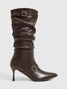 CUCCOO SZL Brown Suede Double Belt Buckle Pleated Pointed Toe Women's Boots Fall Boots - Brown leather surface - View 2