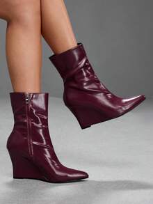 CUCCOO SZL Glossy Leather Pointed Toe Heel Thin Boots Women's Simple Premium Commuter Versatile Ankle Boots Fall Boots - Burgundy - View 4