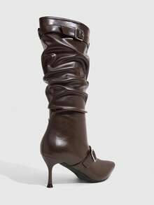 CUCCOO SZL Brown Suede Double Belt Buckle Pleated Pointed Toe Women's Boots Fall Boots - Brown leather surface - View 4