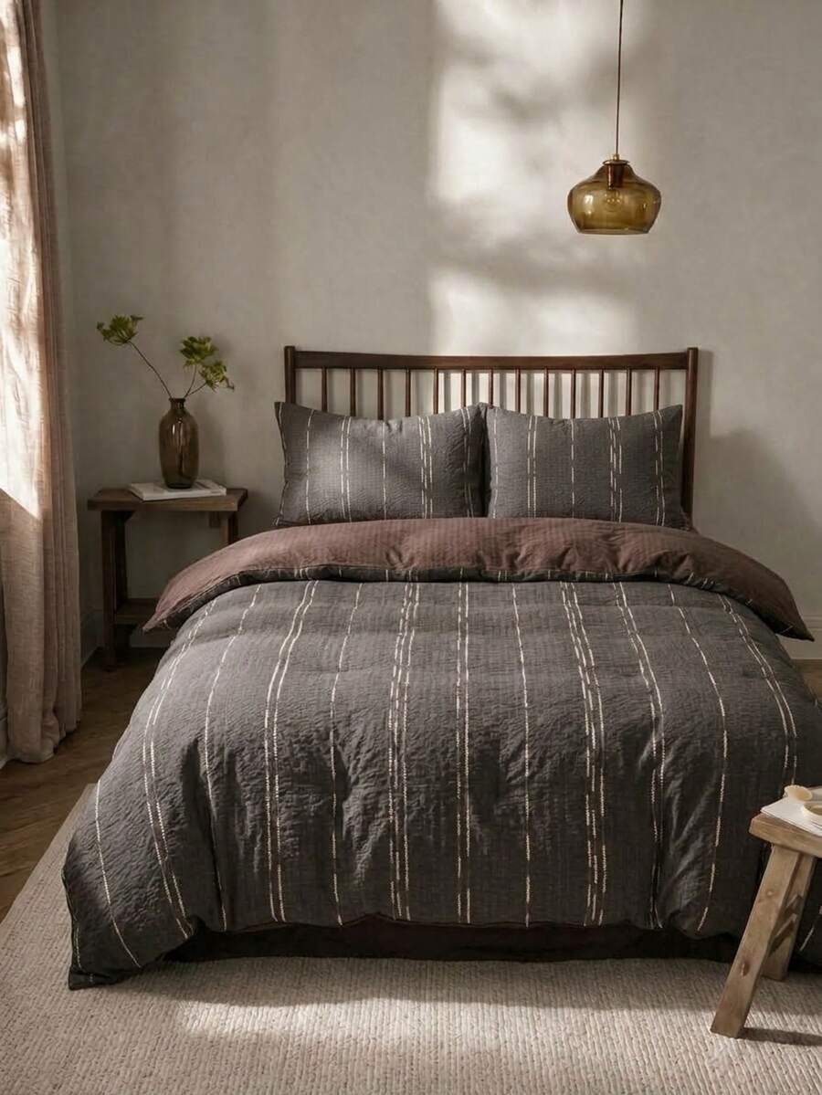 Cirelle Bộ 3 món vỏ chăn duvet kẻ sọc, chất liệu polyester mềm thoáng khí, có khóa kéo và dây buộc góc, bộ chăn ga gối phong cách hiện đại cổ điển kèm 2 vỏ gối (không kèm ruột)