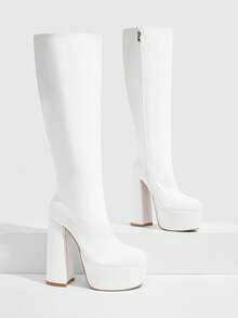 CUCCOO SZL Women's Shoes White Round Toe Chunky High Heel Platform Knee-High Boots Sexy Party Date Commute Fall Boots - Patent leather, white. - View 2