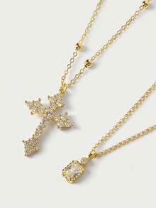 Glisma 18K Gold Plated Cross Double Chain Simple Fashion Necklace - Yellow Gold - View 4