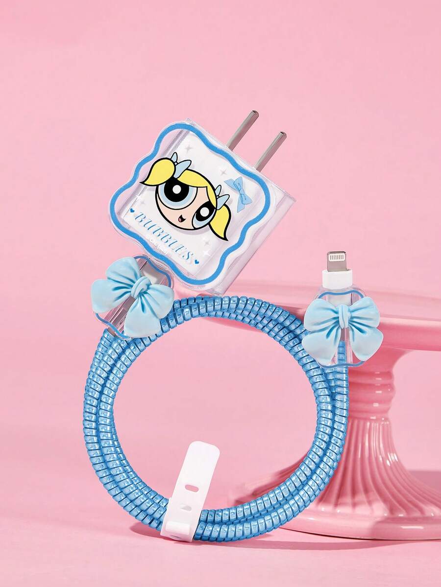 THE POWERPUFF GIRLS X SHEIN Pelindung Kabel Data, Cocok untuk Charger , Set 4 Buah Pelindung Kabel Ponsel, Pelindung Charger (Tidak Termasuk Kabel Data) - Biru - View 1