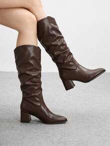 CUCCOO BIZCHIC New Pointed Thick High Heel Brown Pleated Wide Tube Wide Tube Women's Knee Boots High Boots Daily Versatile Comfortable Commuting Autumn And Fall Boots - Coffee Brown - View 4