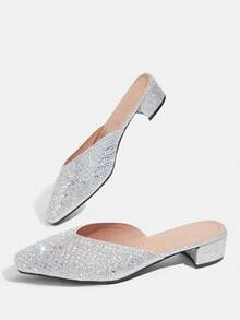 CUCCOO TILAWA Rhinestone Shiny Silver Slip-On Women's Closed-Toed Small Square Toe Thick-Heeled Sandals Comfortable Foot Cage Summer Women's Shoes - Silver - View 6