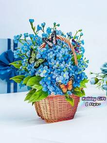 Kartu Ucapan Keranjang Bunga Pop Up 3D (Forget-Me-Not/Lily) - Kartu Seni Tebal dengan Detail Bunga & Kupu-kupu Realistis, Kartu Ucapan Lipat yang Dapat Dikirim Melalui Pos dengan Catatan Pesan, Hadiah untuk Hari Raya, Pecinta Kartu DIY - A - View 1
