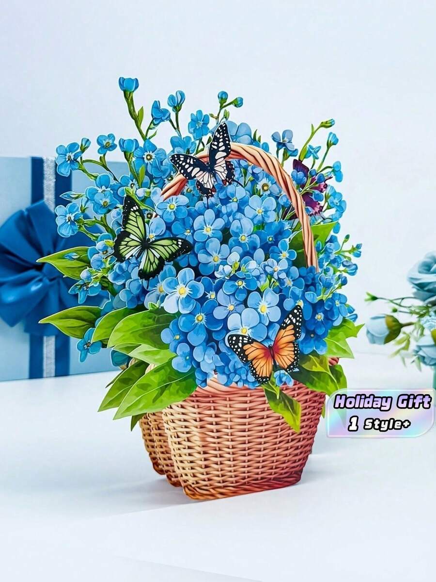 Kartu Ucapan Keranjang Bunga Pop Up 3D (Forget-Me-Not/Lily) - Kartu Seni Tebal dengan Detail Bunga & Kupu-kupu Realistis, Kartu Ucapan Lipat yang Dapat Dikirim Melalui Pos dengan Catatan Pesan, Hadiah untuk Hari Raya, Pecinta Kartu DIY - A - View 1