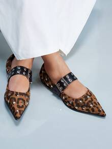 CUCCOO GRLICON Vintage Leopard Suede Pointed Mary Jane Shoes Women's Silver Rivets Button Spice Girls Low Vamp Shoes - leopard print - View 3