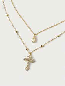 Glisma 18K Gold Plated Cross Double Chain Simple Fashion Necklace - Yellow Gold - View 3
