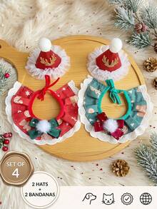 PETSIN 1SET Cute Christmas Pet Accessory Set, Christmas Hat, Bib & Cross‑Year Scarf In Red & Green For Cats & Dogs - Multicolor - View 2