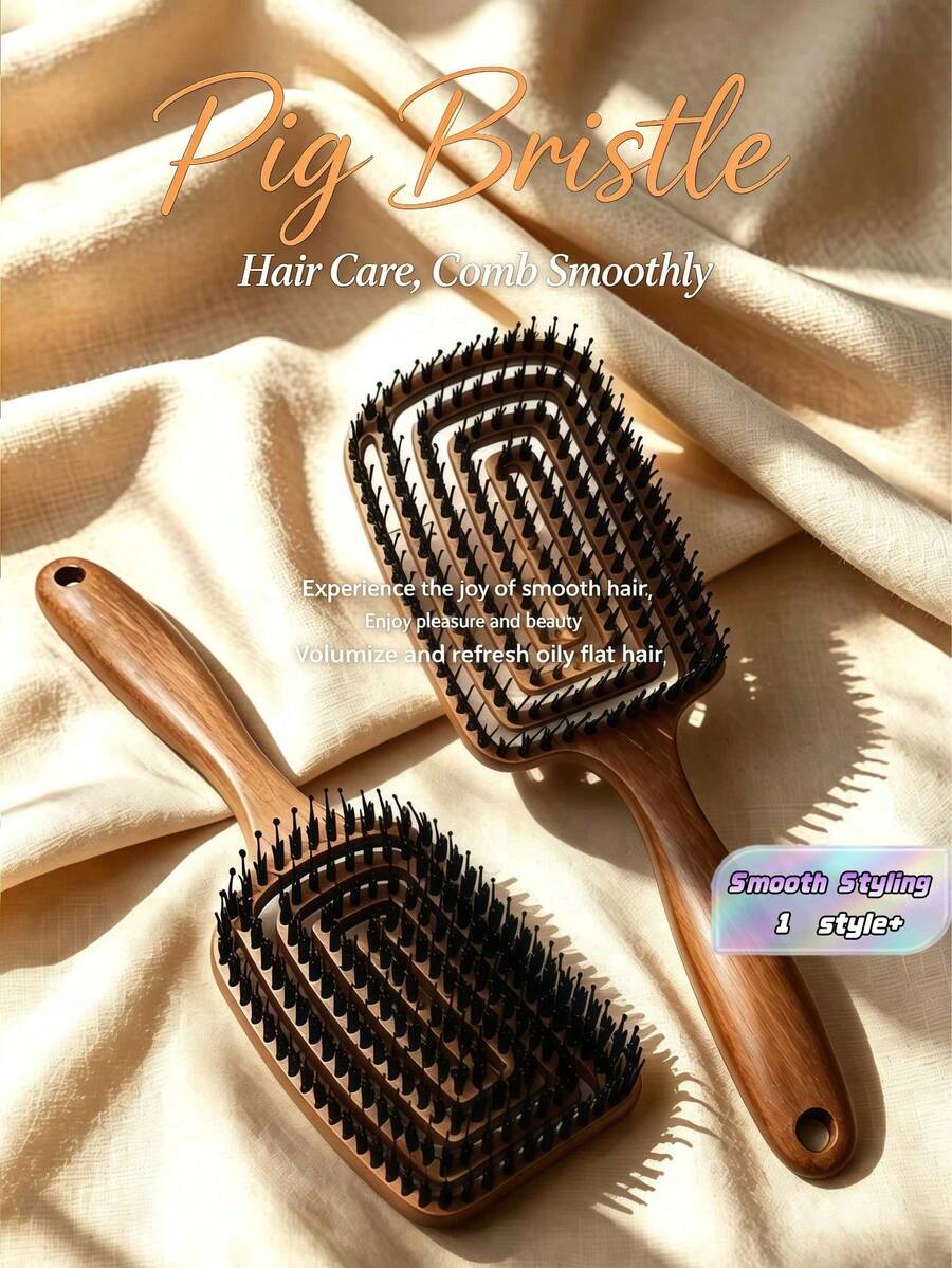 Professional Boar Bristle Straightening Brush Anti Frizz Styling Comb Unisex Wet Dry Portable Travel Camping Vacation Hair Tool - Multicolor - View 1