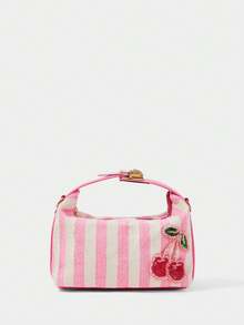 SHECARRY Ladies Pink + White Striped Canvas Tote Bag, Cute Cherry Beads And Rhinestones, Exquisite Hardware Strap - Pink - View 2