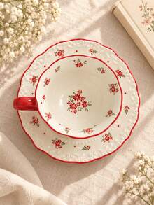 Cirelle Vintage Floral Ceramic Coffee Cup And Saucer Set, Embossed Red Flower Tea Mug With Scalloped Rim, Elegant Porcelain Cup For Latte Cappuccino, Home Table Decor & Wedding Housewarming Gift - Multicolor - View 8