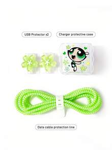 THE POWERPUFF GIRLS X SHEIN Pelindung Kabel Data, Cocok untuk Charger , Set 4 Buah Pelindung Kabel Ponsel, Pelindung Charger (Tidak Termasuk Kabel Data) - Hijau - View 5
